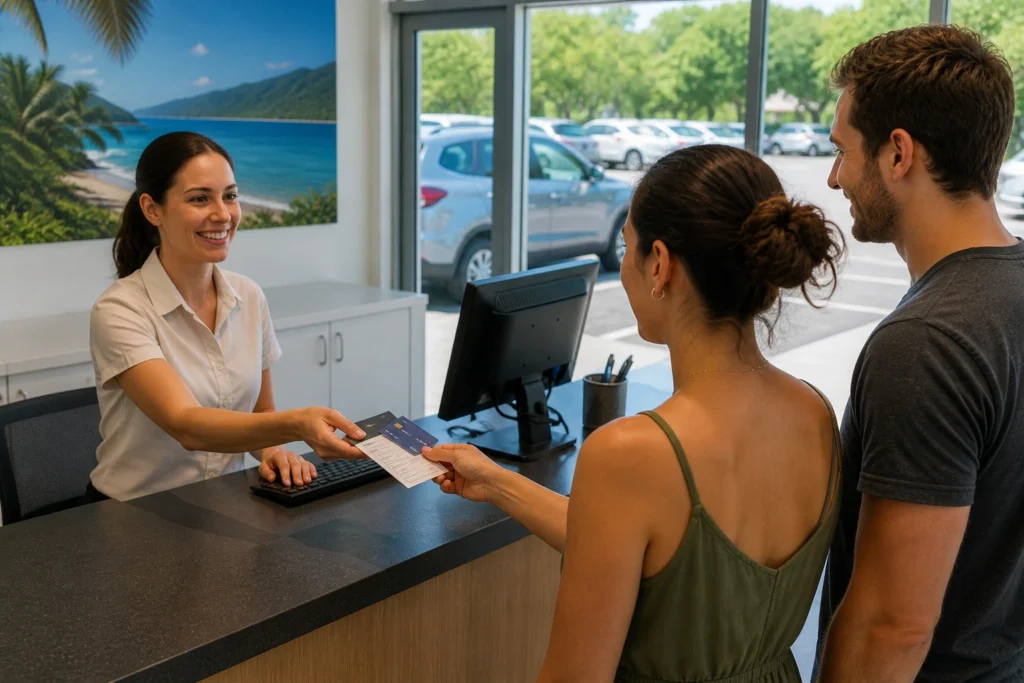 Present your driver's licence, your credit card and a booking confirmation at the counter. 
