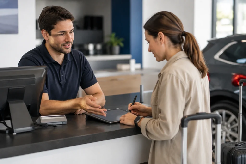 Customer service interaction at a counter