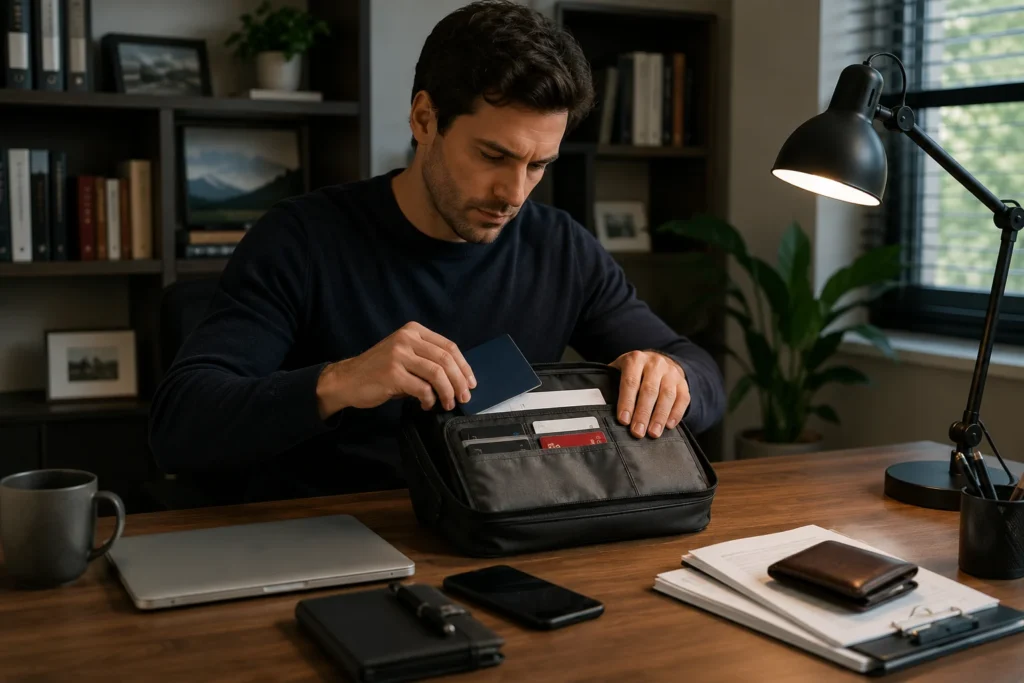 Traveler organizing the important documents first