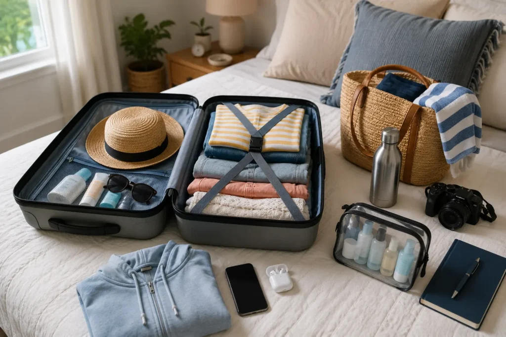 beach packing list split into two categories