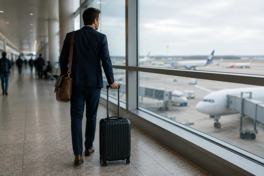 A traveller using a carry-on for his trip.